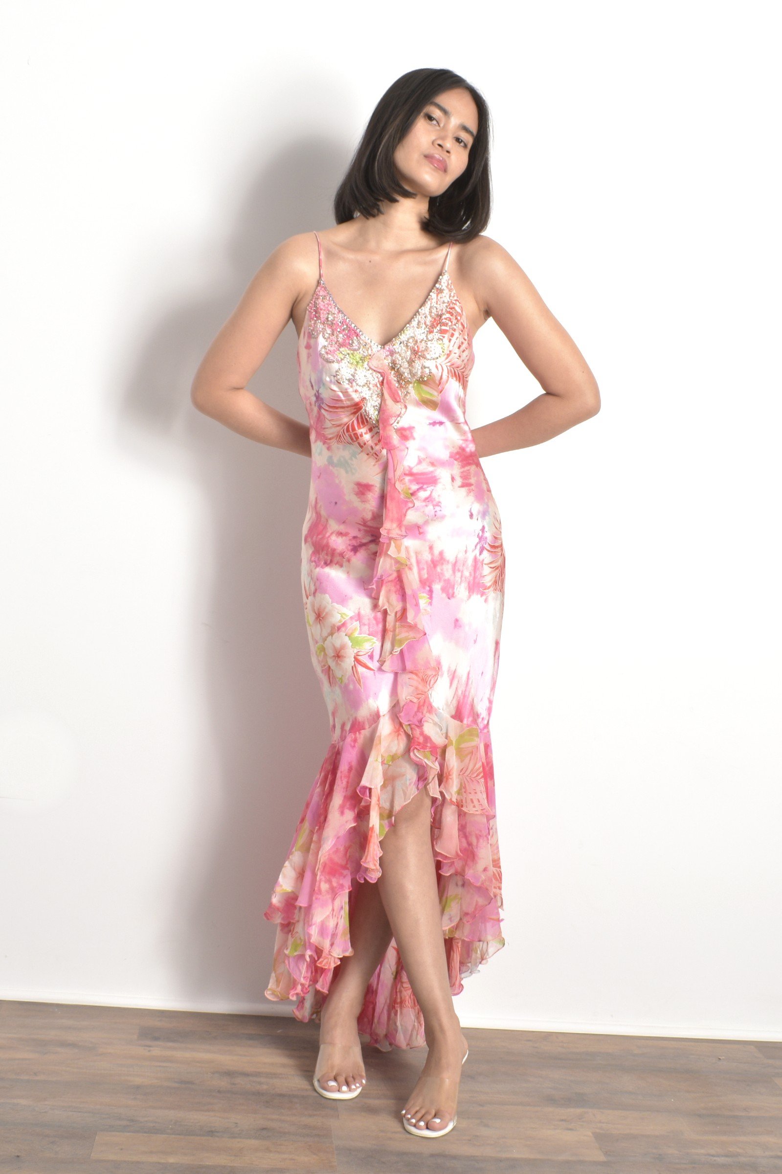 Y2K Diane Freis Pink Floral Satin Dress-M/L — La Poubelle Vintage